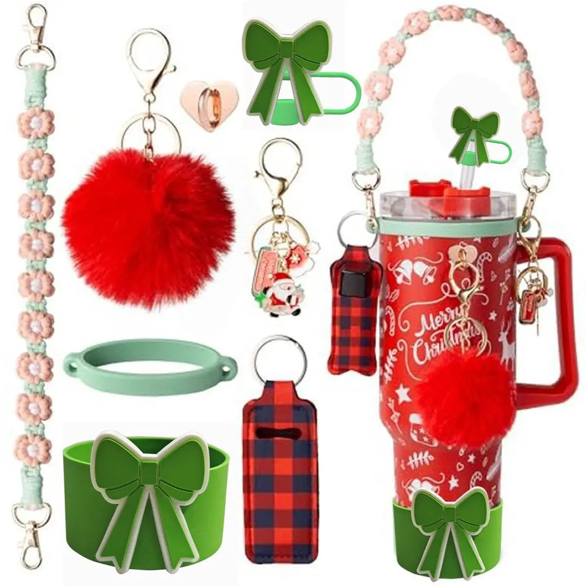 cross-border stanley accessories christmas stanley icecup diy bow decorated cup cover lipstick cover fuzzy ball - The Shop At Crown Perth