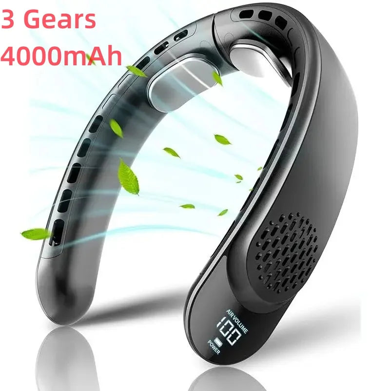 New Quad-Core USB Neck Fan Turbine Vaneless Design Easy Control 4000mAh Digital display for Outdoor Portable Fan Summer Gift - The Shop At Crown Perth