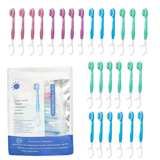 5-in-1 Mini Toothbrushes with Toothpaste Tongue Scraper Flosses Portable Soft Versatile Toothbrush Kit for Home and Travel - The Shop At Crown Perth
