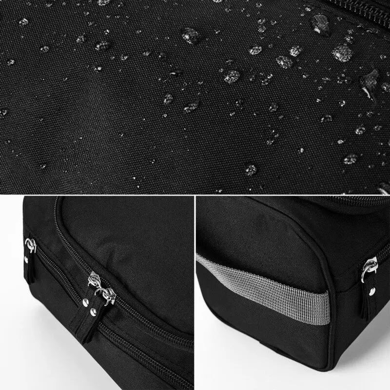 Black bag with water droplets on surface, zipper detail, and side view.