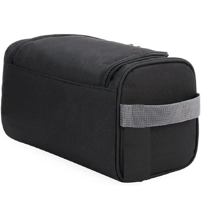 Black toiletry bag with a gray strap on a white background