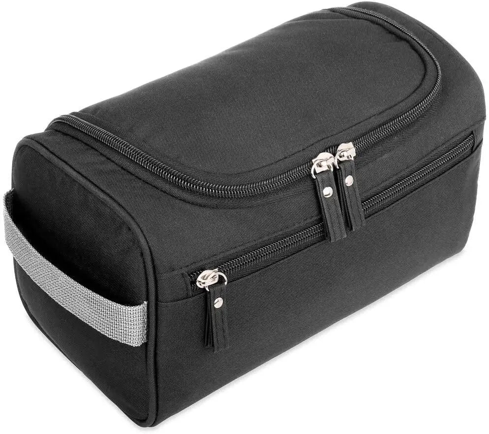 Black toiletry bag with silver zippers on a white background