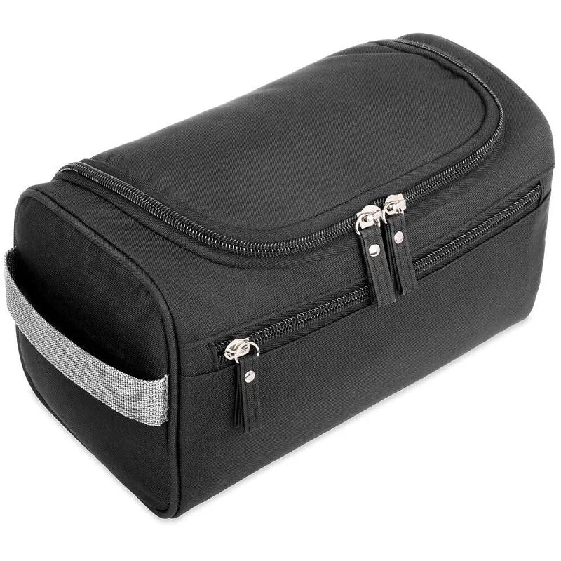 Black toiletry bag with silver zippers on a white background