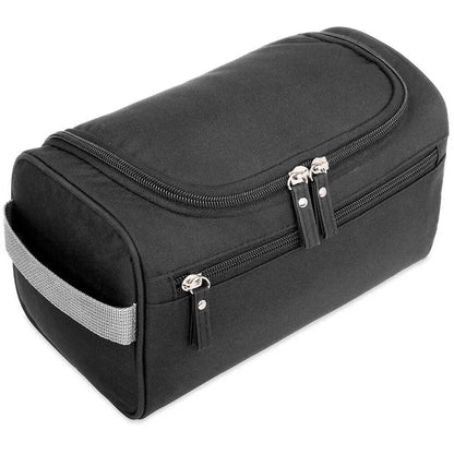 Black toiletry bag with silver zippers on a white background