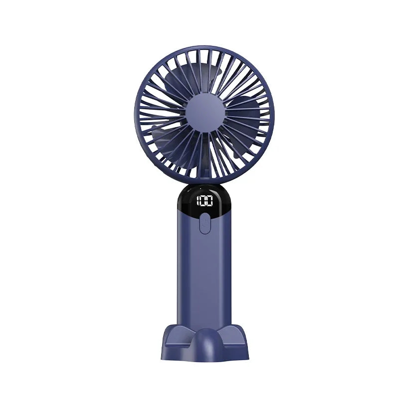 Blue handheld fan with digital display on a white background