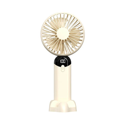Handheld fan with digital display on a white background
