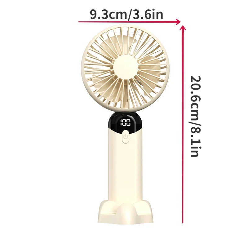 Handheld fan with dimensions labeled on a white background