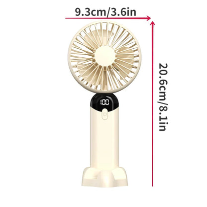 Handheld fan with dimensions labeled on a white background