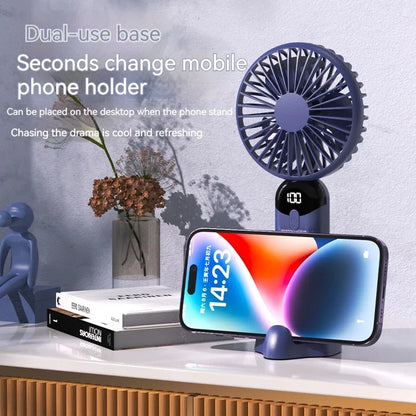 Phone holder with built-in fan on a desk with a phone displaying time