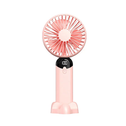 Pink handheld fan with digital display on a white background