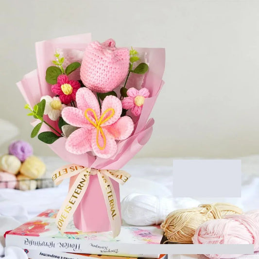 Hot Selling Gift Rose Bouquet Pink Tulip Simulated Flower Yarn Flower Handmade Knitted Flower - The Shop At Crown Perth