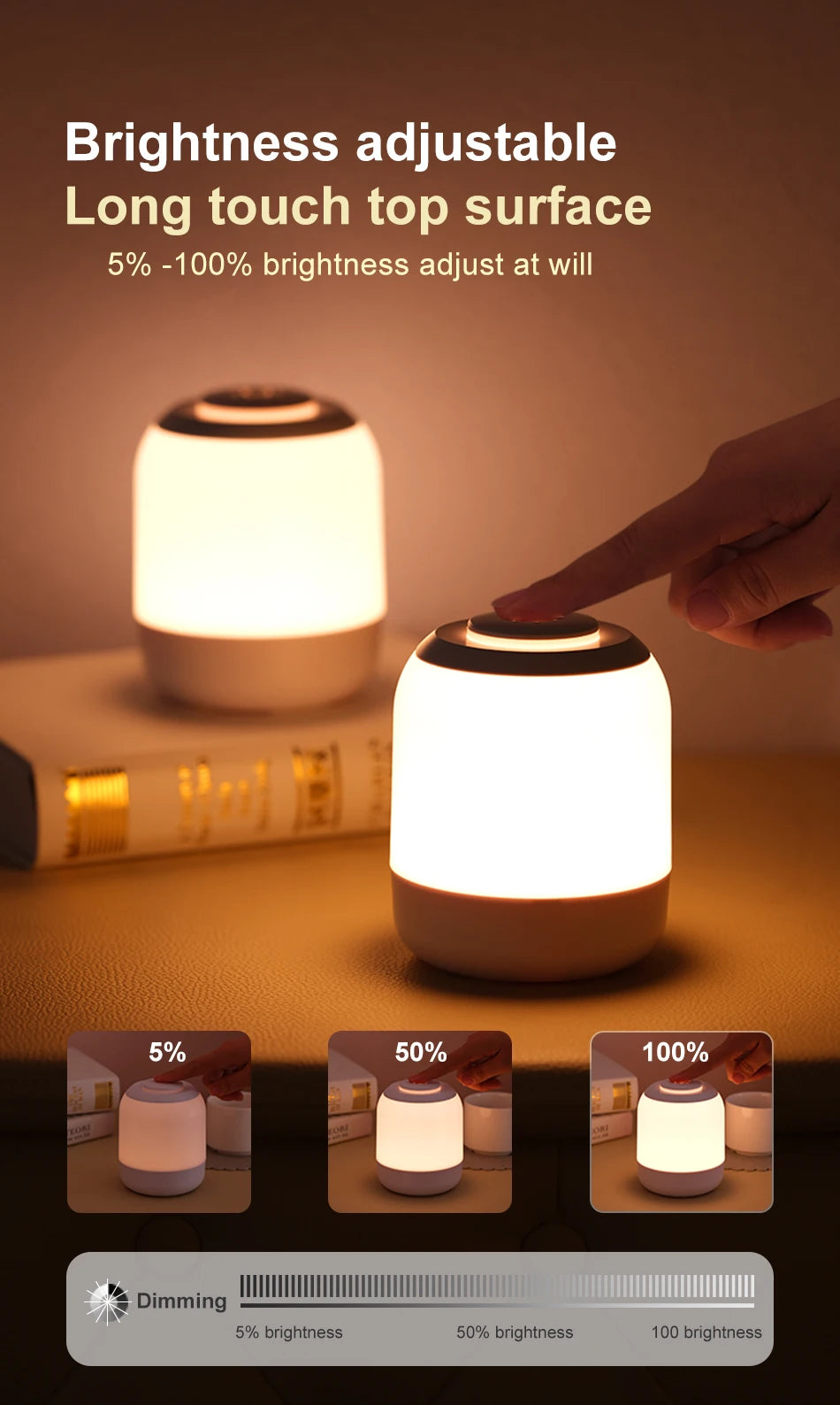 Touch Sensor Table Lamp USB Rechargeable 3 Colors Dimmable LED Night Light Portable Baby Bedroom Bedside Reading Desk Lamp