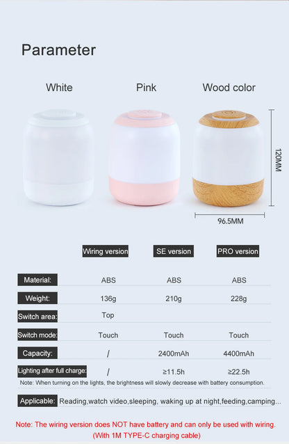 Touch Sensor Table Lamp USB Rechargeable 3 Colors Dimmable LED Night Light Portable Baby Bedroom Bedside Reading Desk Lamp