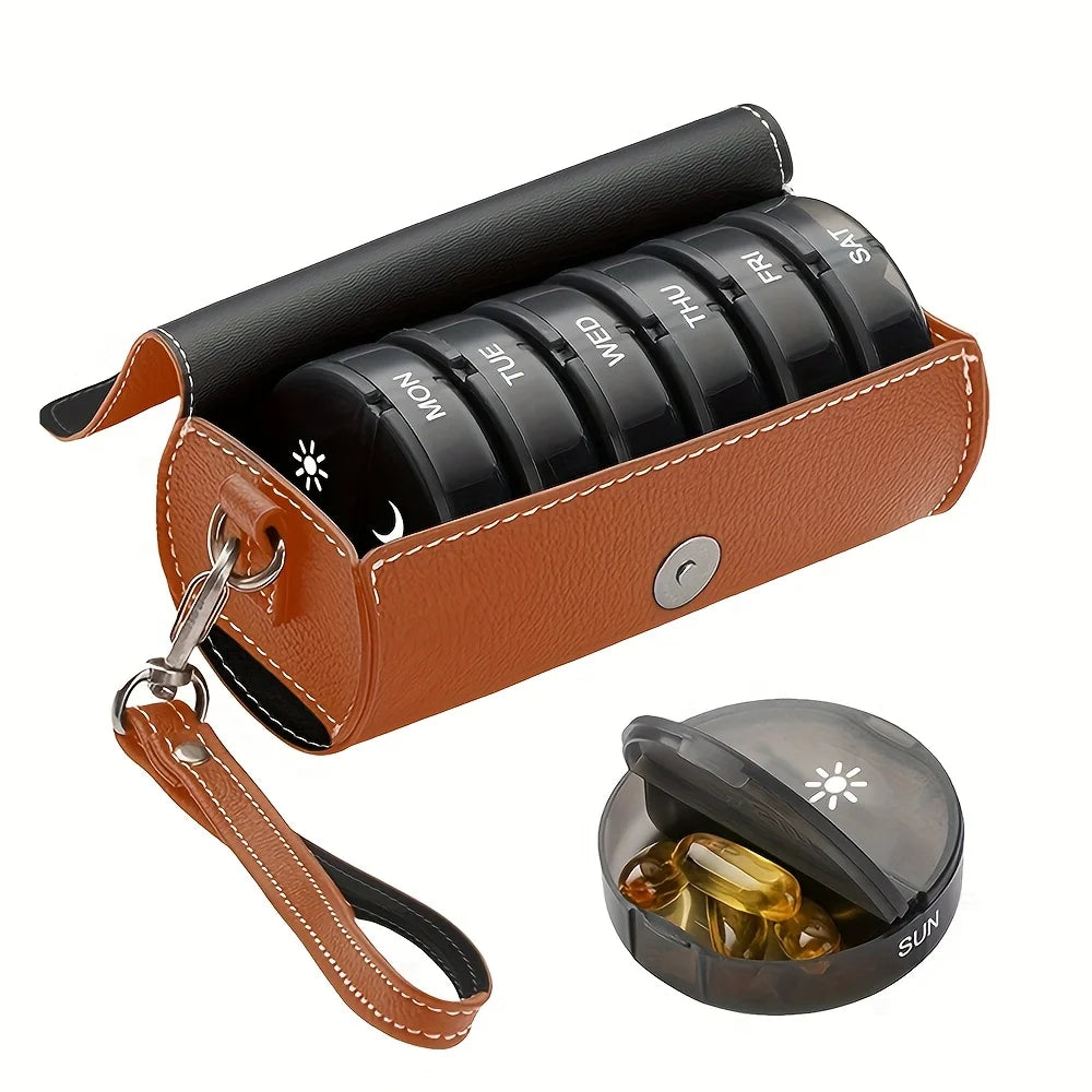 Weekly Pill Organizer 2 Times a Day, AM PM Large Daily Pill Box with PU Leather Case for Travel, Round Medicine Organizer - The Shop At Crown Perth