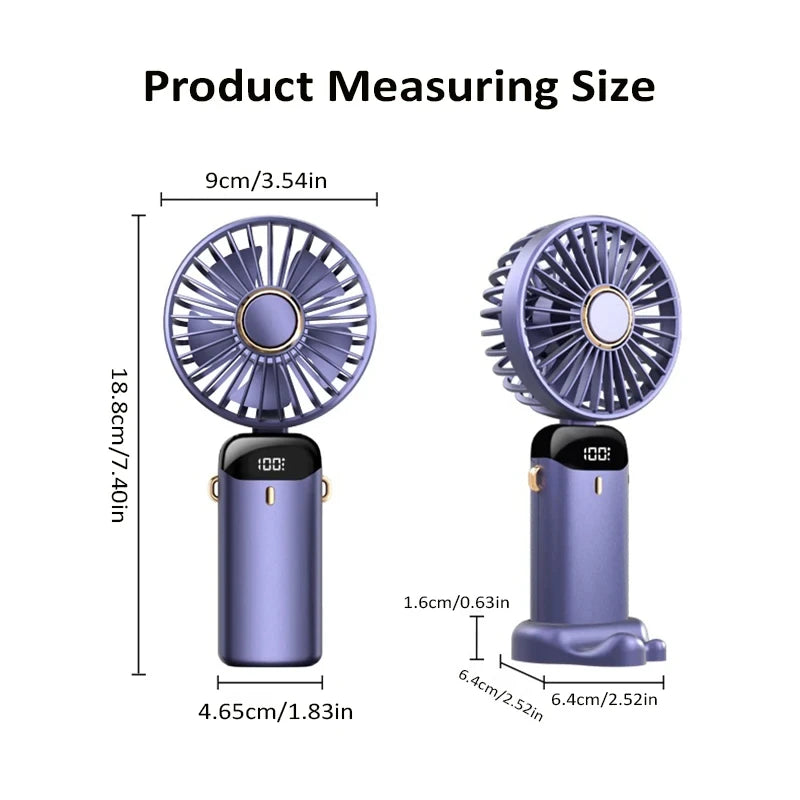 3000mAh Handheld Mini Fan Foldable Portable Neck Hanging Fans 5 Speed USB Rechargeable Fan with Phone Stand and Display Screen - The Shop At Crown Perth