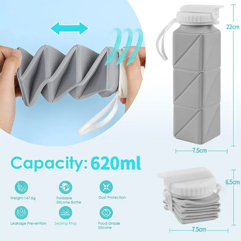 620ml Collapsible Water Bottle Cup with Straw Lid Leakproof BPA Free Silicone Foldable Water Bottle for Travel Gym Camping Sport - The Shop At Crown Perth