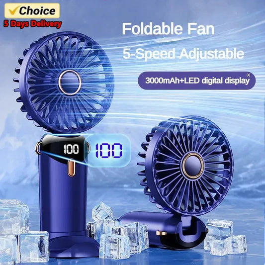 3000mAh Handheld Mini Fan Foldable Portable Neck Hanging Fans 5 Speed USB Rechargeable Fan with Phone Stand and Display Screen - The Shop At Crown Perth