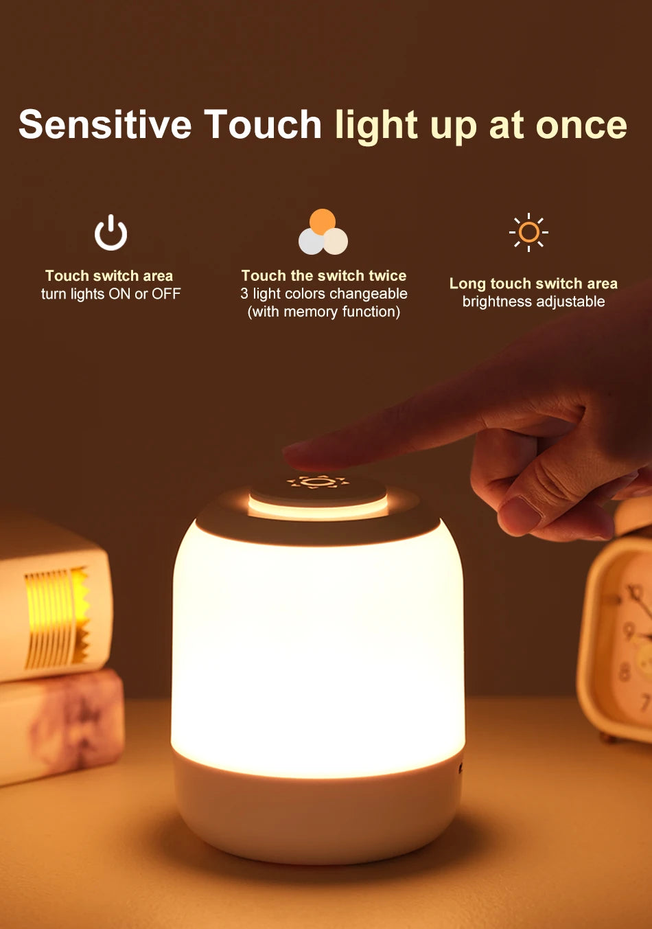 Touch Sensor Table Lamp USB Rechargeable 3 Colors Dimmable LED Night Light Portable Baby Bedroom Bedside Reading Desk Lamp