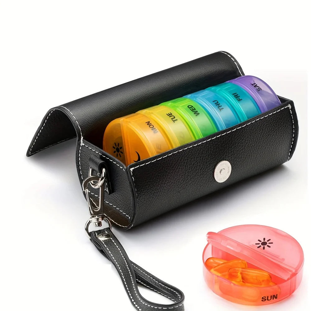 Weekly Pill Organizer 2 Times a Day, AM PM Large Daily Pill Box with PU Leather Case for Travel, Round Medicine Organizer - The Shop At Crown Perth
