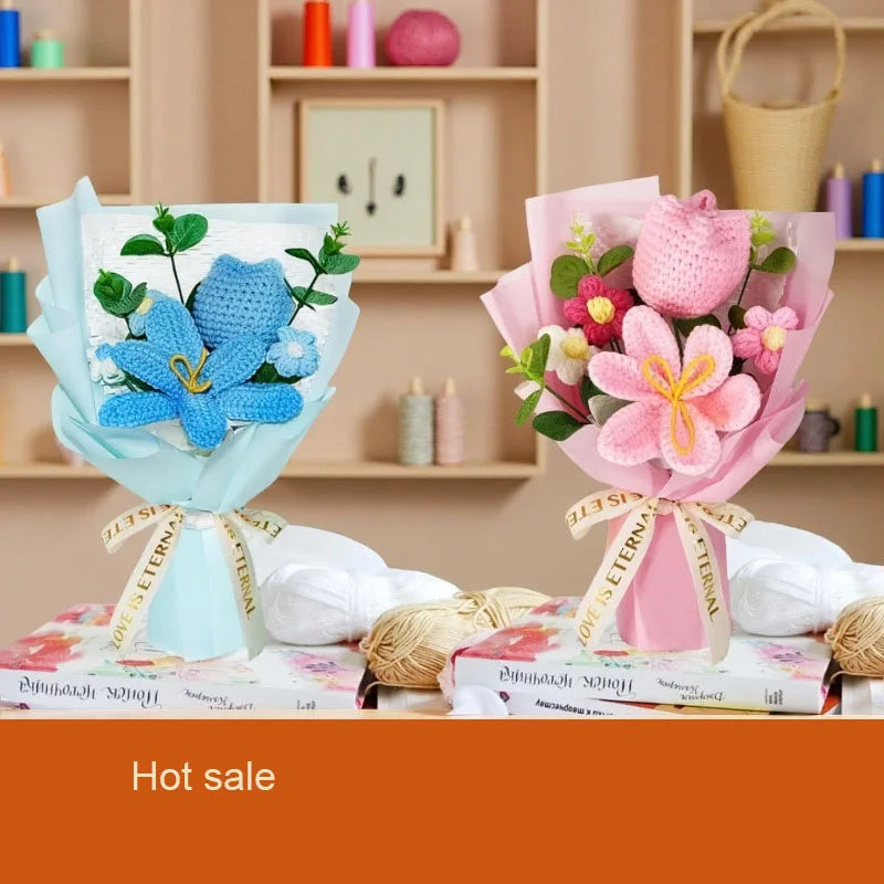 Hot Selling Gift Rose Bouquet Pink Tulip Simulated Flower Yarn Flower Handmade Knitted Flower - The Shop At Crown Perth