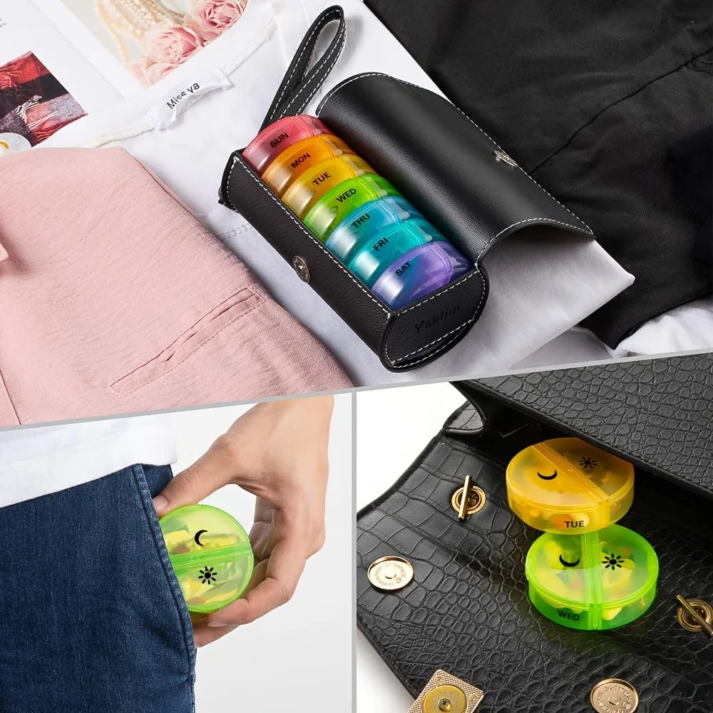 Weekly Pill Organizer 2 Times a Day, AM PM Large Daily Pill Box with PU Leather Case for Travel, Round Medicine Organizer - The Shop At Crown Perth