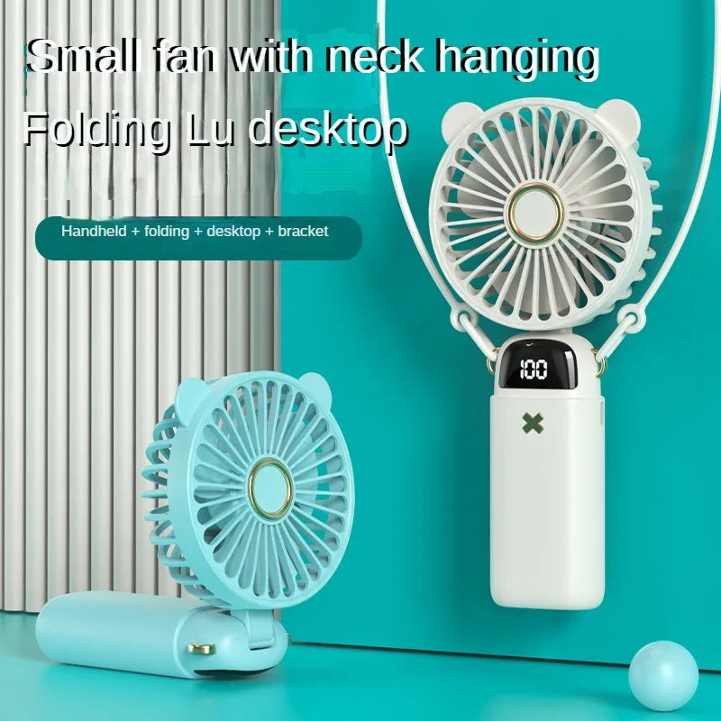 Handheld Fan Mini Foldable Portable Neck Hanging Fans 5 Speed USB Rechargeable 3000mAh Fan with Phone Stand and Display Screen - The Shop At Crown Perth