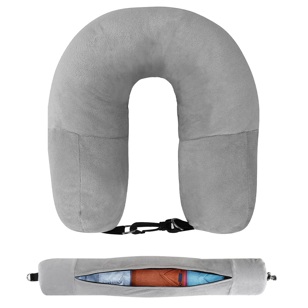 Travel Neck Pillow with Fillable Clothing U-Shaped Pillowcase, Extra Storage Bag, Velvet Neck Pillow Cover for Airplane Travel - The Shop At Crown Perth