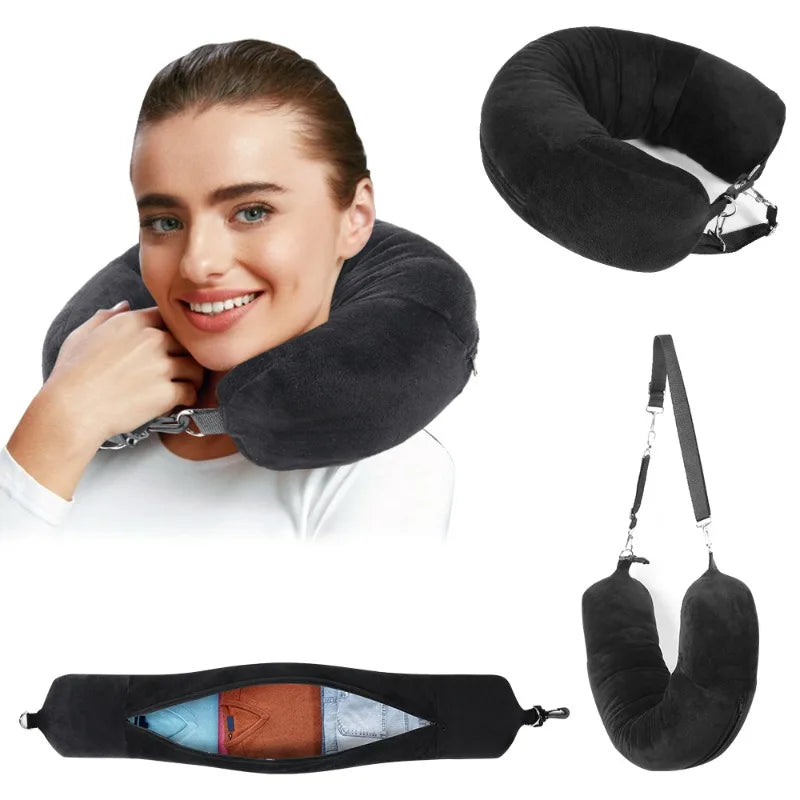 Travel Neck Pillow with Fillable Clothing U-Shaped Pillowcase, Extra Storage Bag, Velvet Neck Pillow Cover for Airplane Travel - The Shop At Crown Perth