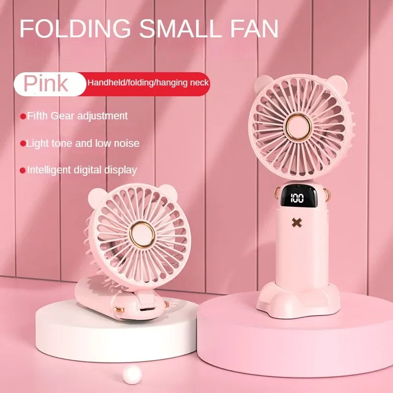 Handheld Fan Mini Foldable Portable Neck Hanging Fans 5 Speed USB Rechargeable 3000mAh Fan with Phone Stand and Display Screen - The Shop At Crown Perth