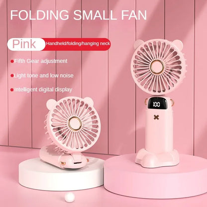 Handheld Fan Mini Foldable Portable Neck Hanging Fans 5 Speed USB Rechargeable 3000mAh Fan with Phone Stand and Display Screen - The Shop At Crown Perth