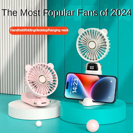 Handheld Fan Mini Foldable Portable Neck Hanging Fans 5 Speed USB Rechargeable 3000mAh Fan with Phone Stand and Display Screen - The Shop At Crown Perth