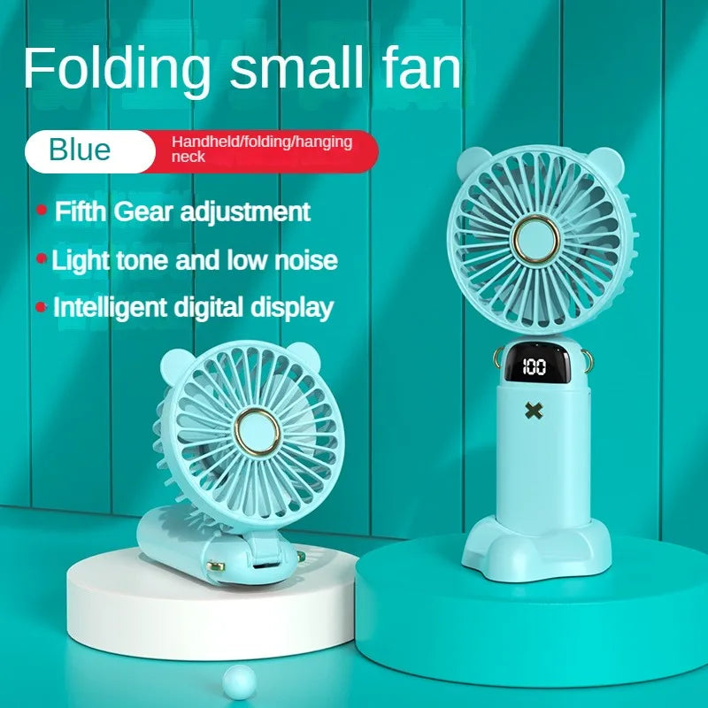 Handheld Fan Mini Foldable Portable Neck Hanging Fans 5 Speed USB Rechargeable 3000mAh Fan with Phone Stand and Display Screen - The Shop At Crown Perth