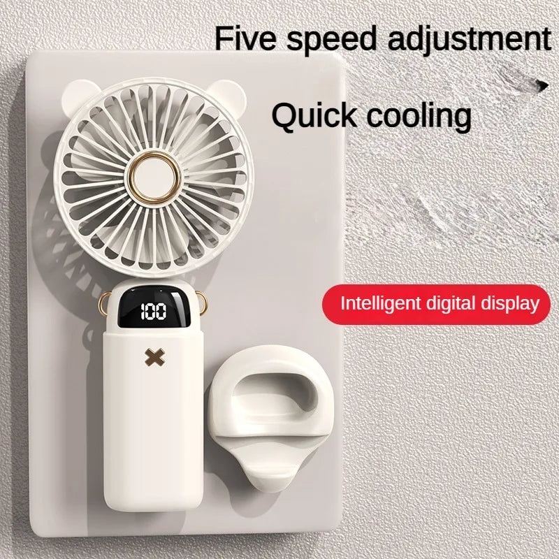 Handheld Fan Mini Foldable Portable Neck Hanging Fans 5 Speed USB Rechargeable 3000mAh Fan with Phone Stand and Display Screen - The Shop At Crown Perth