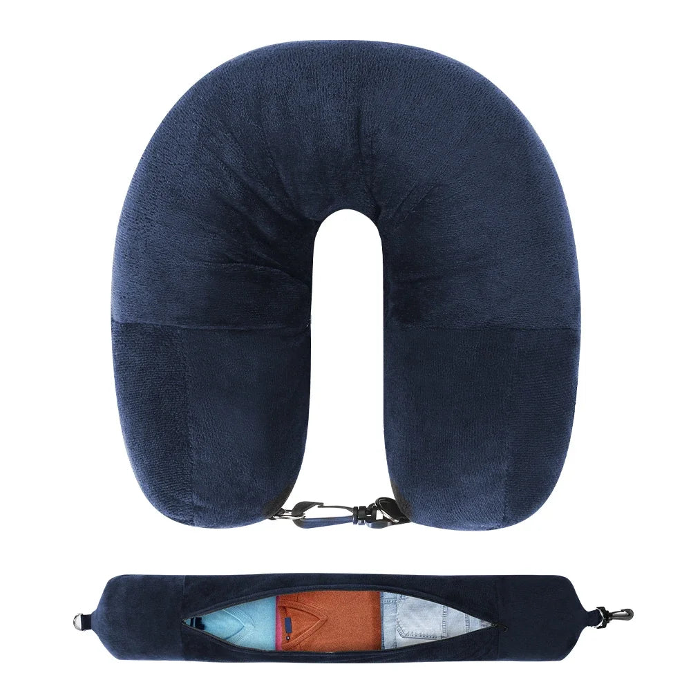 Travel Neck Pillow with Fillable Clothing U-Shaped Pillowcase, Extra Storage Bag, Velvet Neck Pillow Cover for Airplane Travel - The Shop At Crown Perth