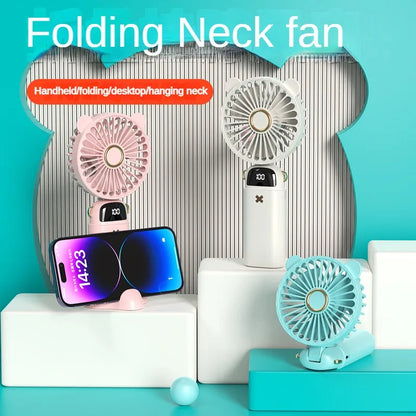 Handheld Fan Mini Foldable Portable Neck Hanging Fans 5 Speed USB Rechargeable 3000mAh Fan with Phone Stand and Display Screen - The Shop At Crown Perth