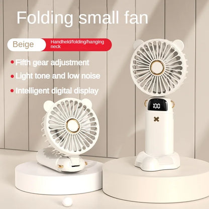 Handheld Fan Mini Foldable Portable Neck Hanging Fans 5 Speed USB Rechargeable 3000mAh Fan with Phone Stand and Display Screen - The Shop At Crown Perth