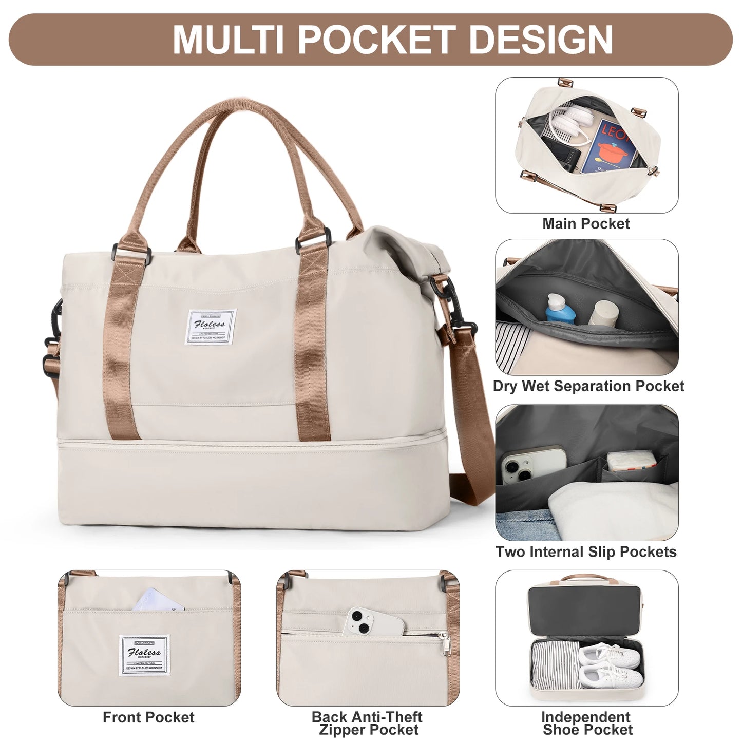 Travel Tote Bag, Lightweight Handbag with Shoe Compartment, Large Capacity Crossbody Shoulder Bag, Cabin Travel Bag, Sports Bag - The Shop At Crown Perth